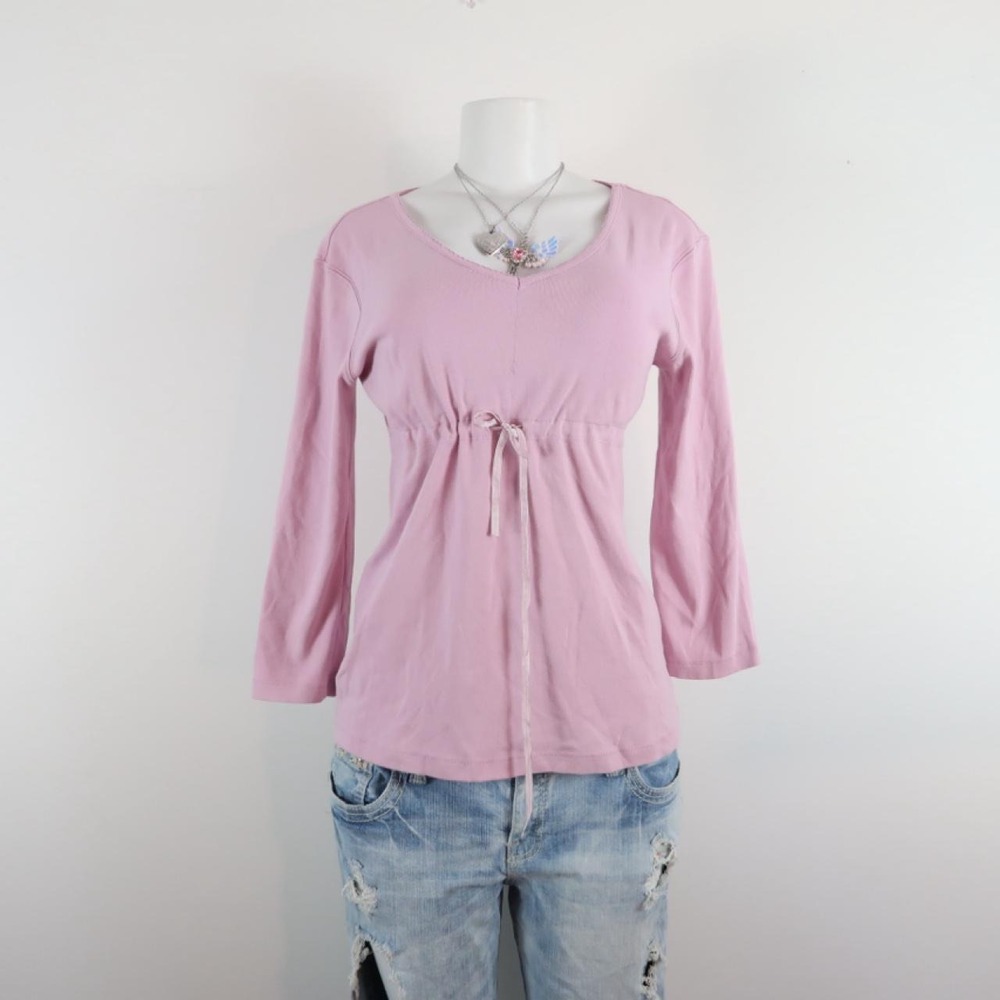 y2k baby pink babydoll tie waist long sleeve top - Picture 4 of 5
